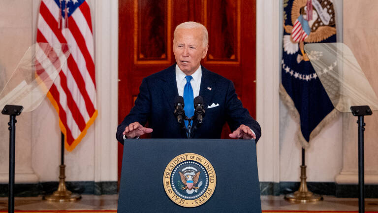 WASHINGTON, DC - JULY 1: U.S. President Joe Biden speaks to the media following the Supreme Court's ruling on charges against former President Donald Trump that he sought to subvert the 2020 election, at the White House on July 1, 2024 in Washington, DC. The highest court ruled 6-3 that presidents have some level of immunity from prosecution when operating within their "constitutional authority," but do not have absolute immunity.   Andrew Harnik/Getty Images/AFP (Photo by Andrew Harnik / GETTY IMAGES NORTH AMERICA / Getty Images via AFP)