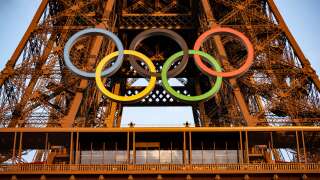 This photograph shows the Olympic rings on the Eiffel Tower, ahead the upcoming Paris 2024 Olympic Games in Paris on June 26, 2024. (Photo by BERTRAND GUAY / AFP)