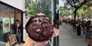 Image du muffin au chocolat du village olympique et de plusieurs dizaines de personnes en train de faire la queue devant un café